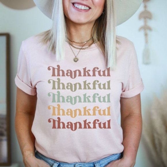 Tops - Fall Color Thankful Tee Graphic Tee Shirt Cotton Graphic Tee - Heather Peach